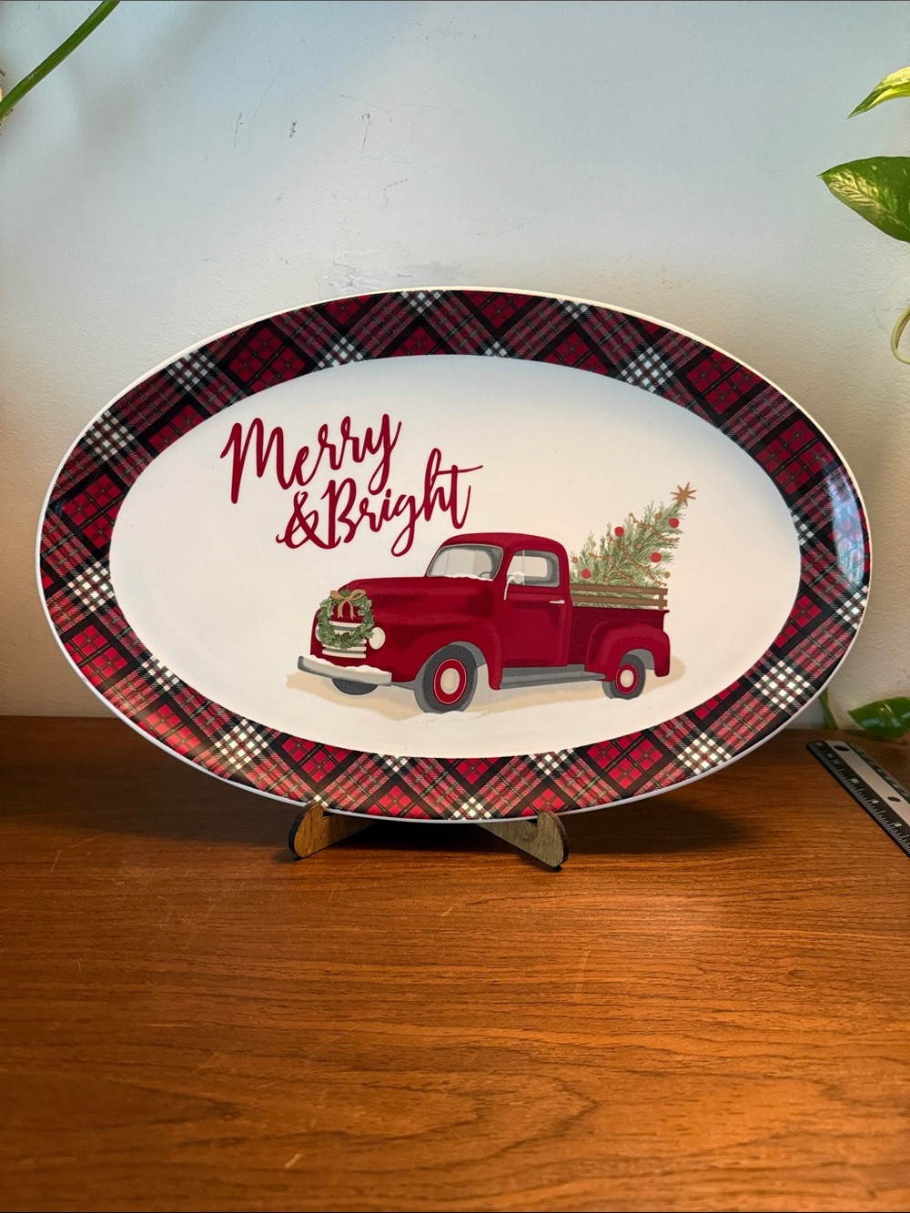 Merry & Bright Red Holiday Truck Decorative Platter
